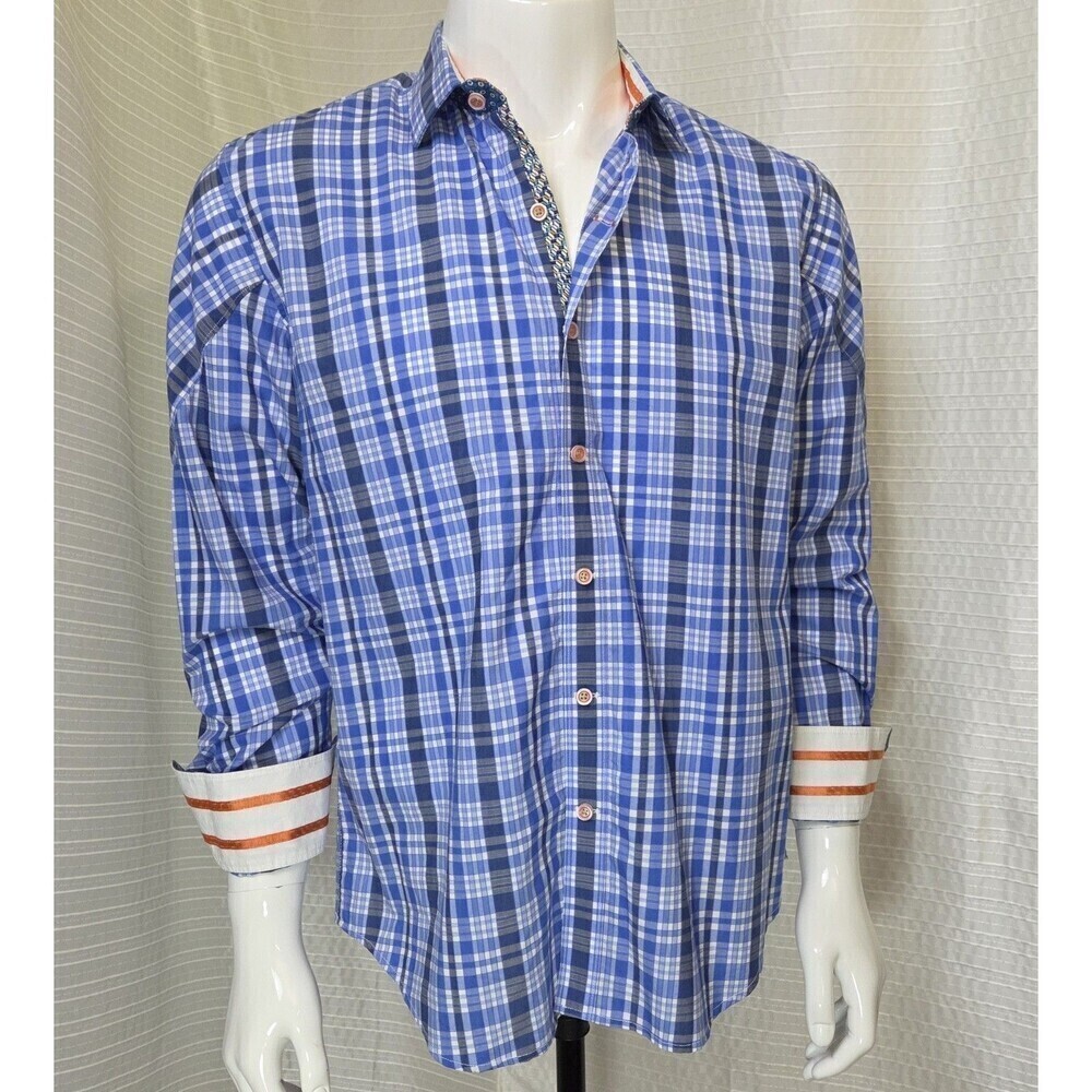 Robert Graham X Collection Flip Cuff Shirt Blue Plaid /Multi-Orange Trim Men's L